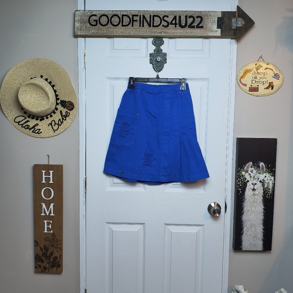 Blue Pleated Distressed Mini Skirt Size 28 Hapuk Elastic Waist